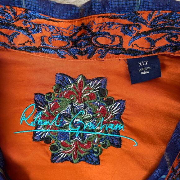 Robert Graham Windowpane Plaid Flip Cuffs Shirt Men XLT Blue Floral Button Up - Picture 4 of 11